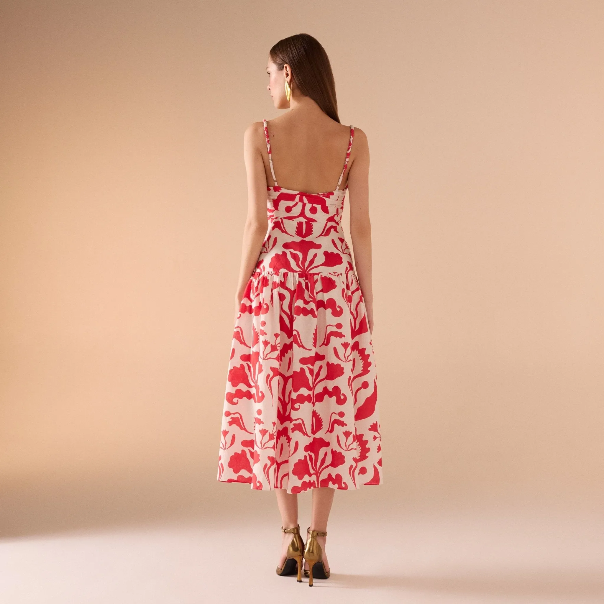 Red Sleeveless Printed Midi Dress