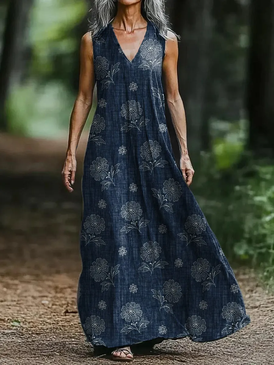Retro Floral Print V-neck Sleeveless Loose Midi Dress