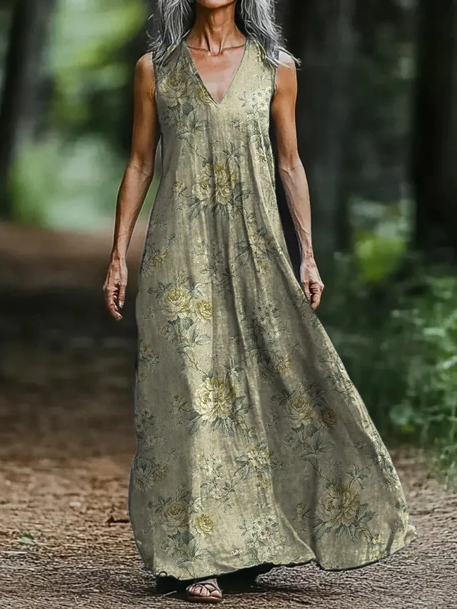 Retro Floral Print V-neck Sleeveless Loose Midi Dress