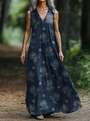 Retro Floral Print V-neck Sleeveless Loose Midi Dress