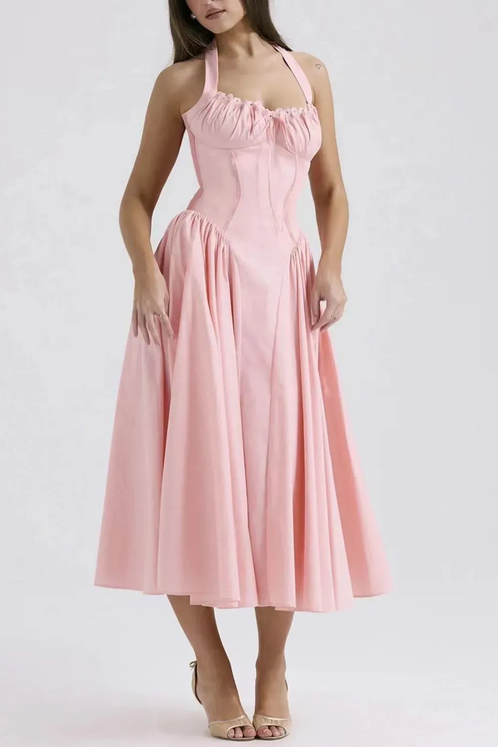Ruched Halter Neck Midi Dress