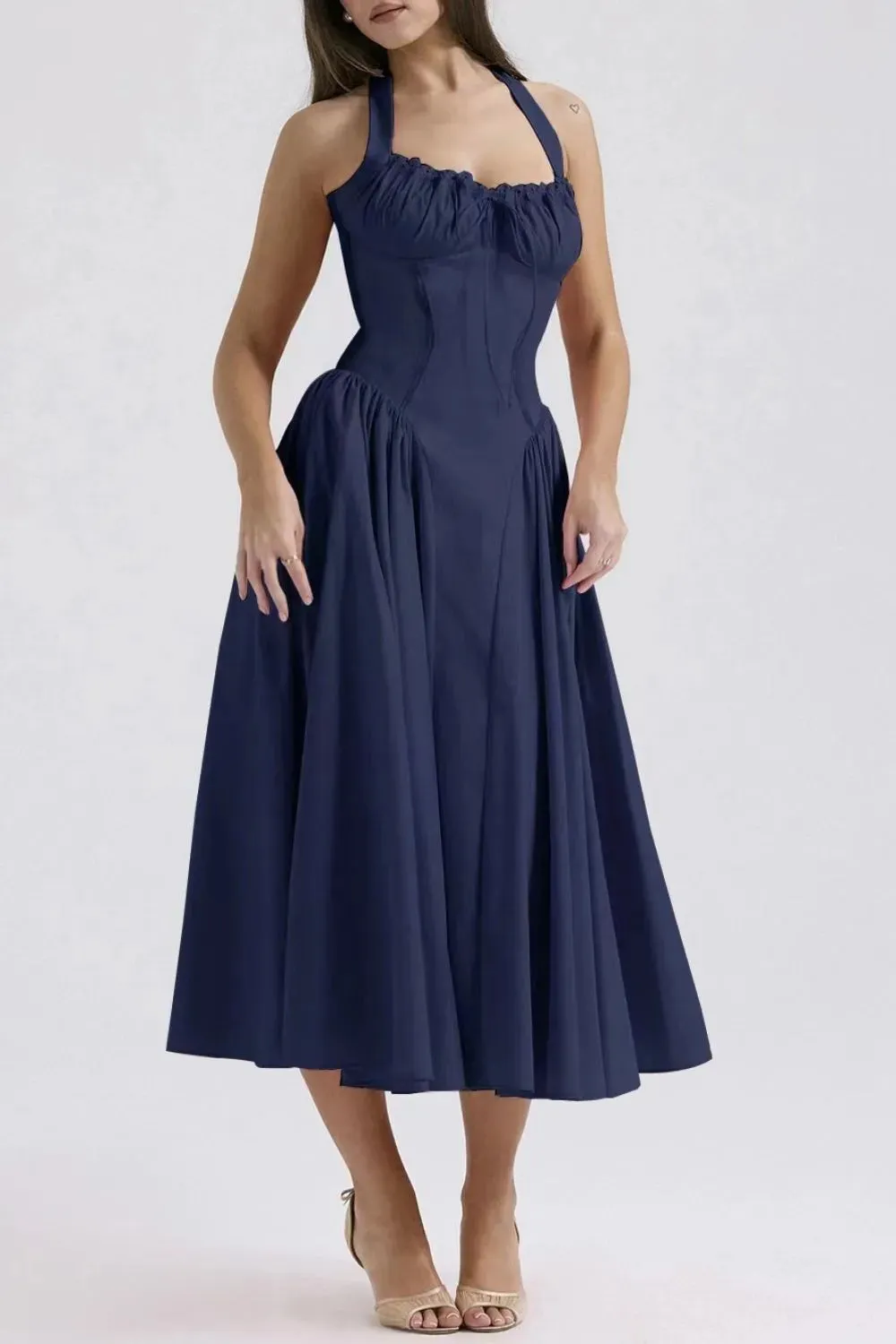 Ruched Halter Neck Midi Dress