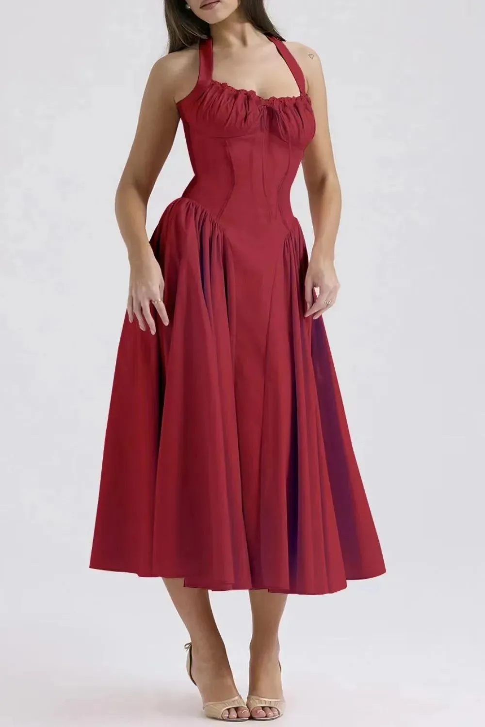 Ruched Halter Neck Midi Dress