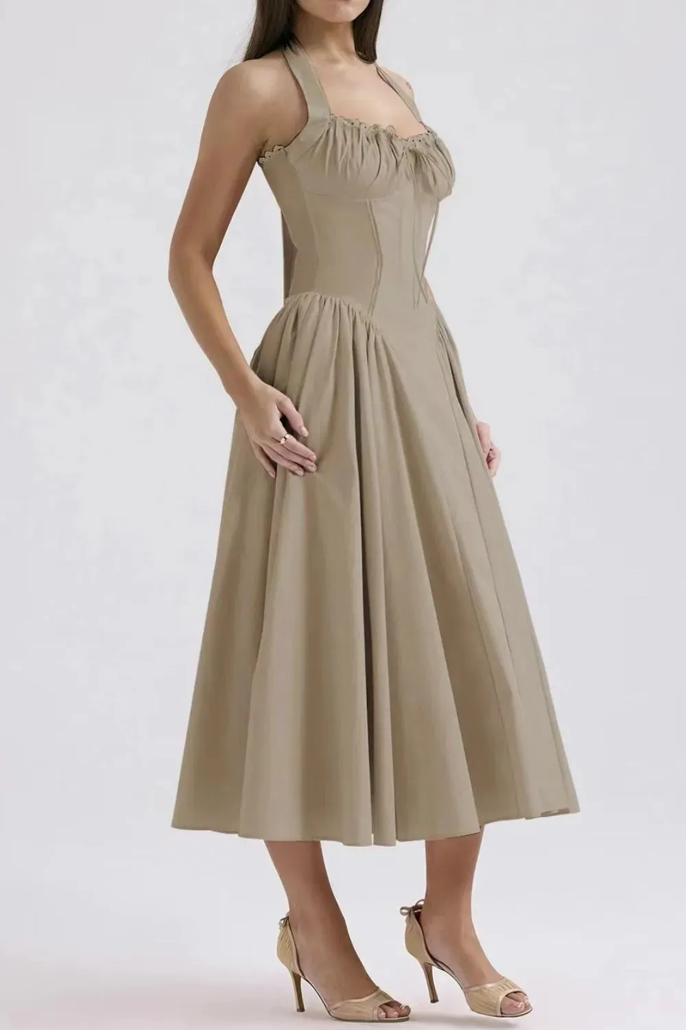 Ruched Halter Neck Midi Dress
