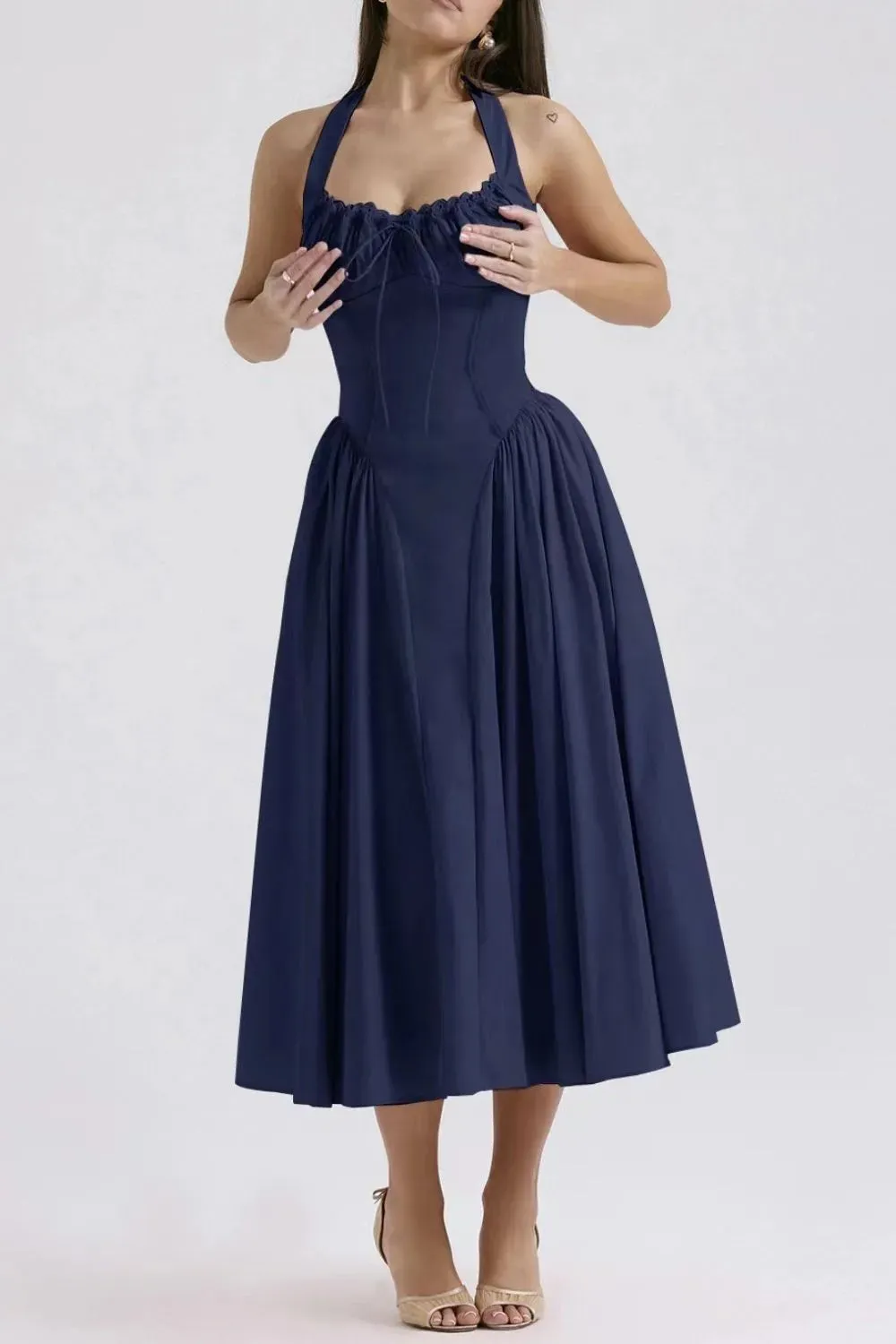 Ruched Halter Neck Midi Dress