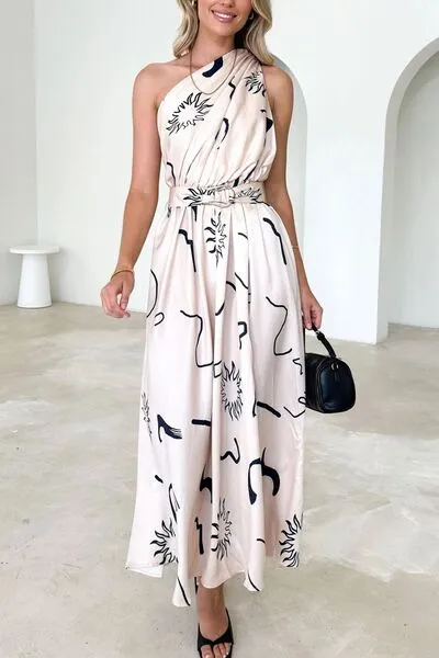 Ruched Printed Single Shoulder Dress