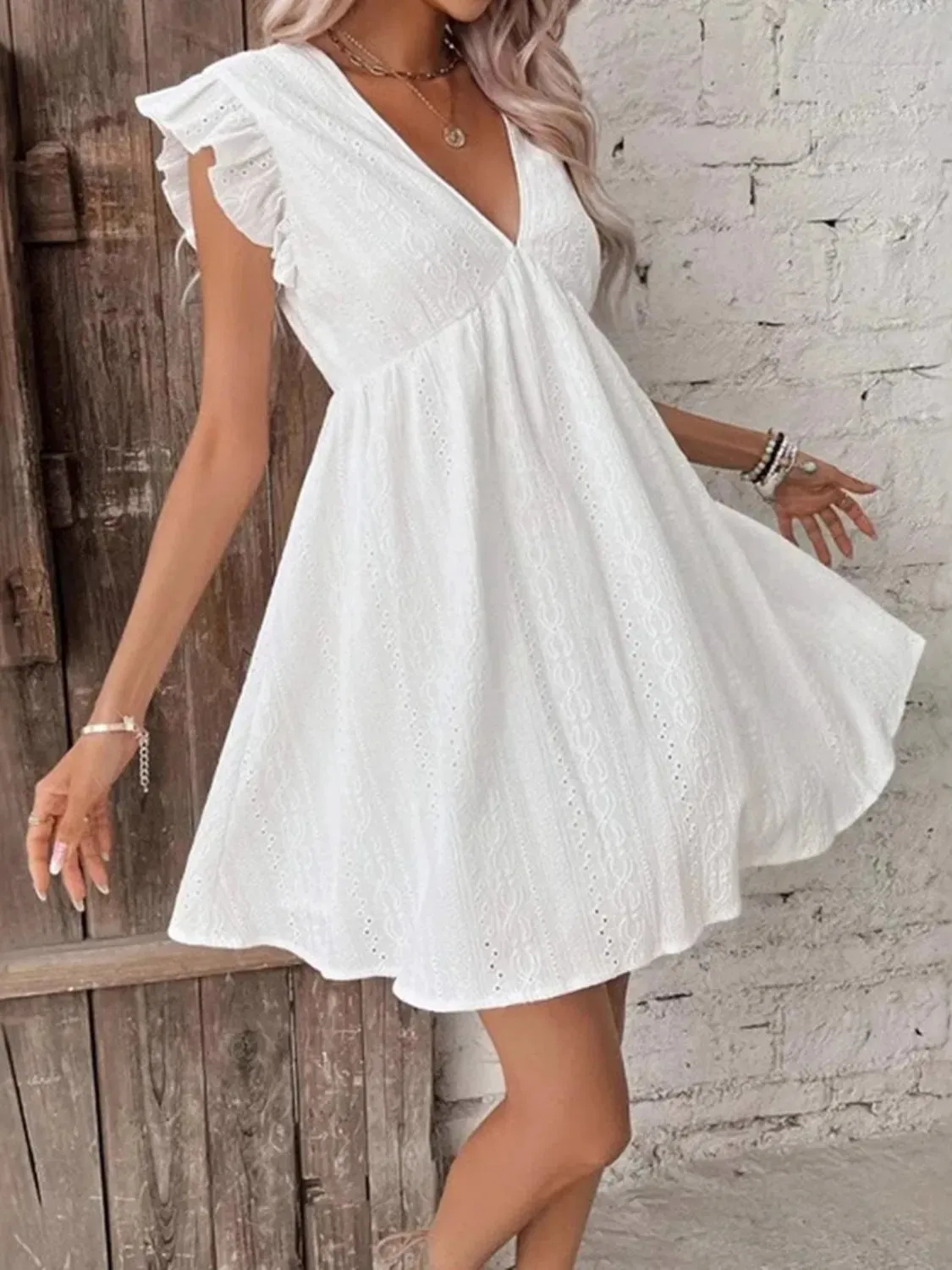 Ruffled V-Neck Cap Sleeve Mini Dress