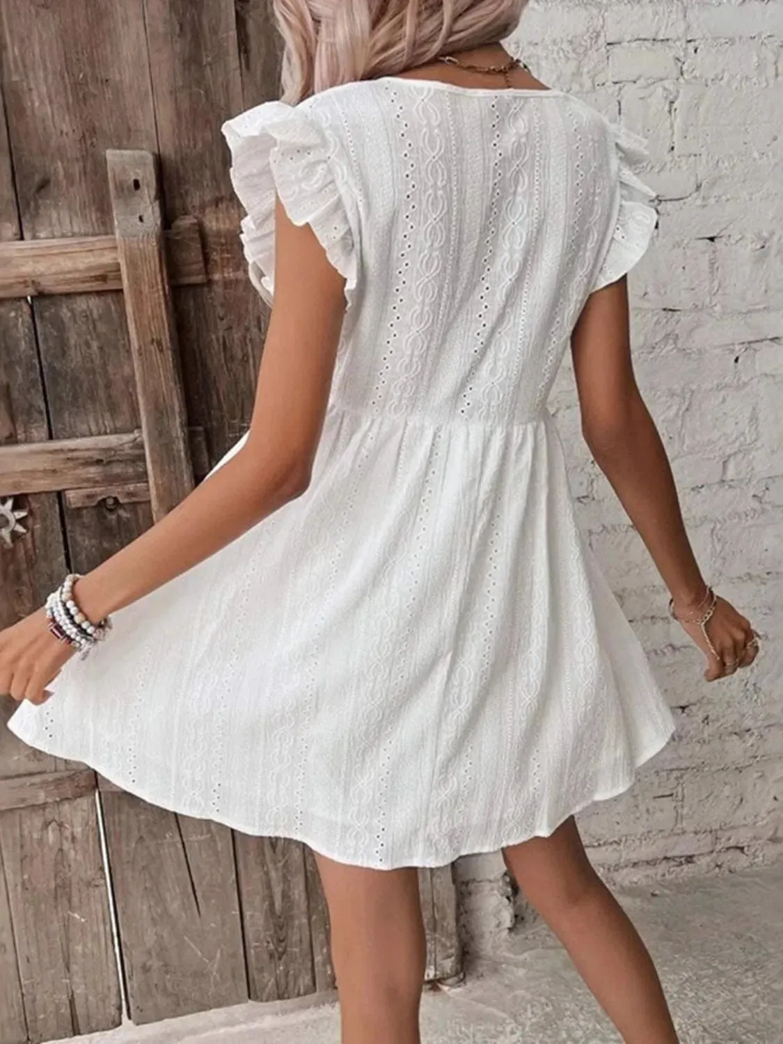 Ruffled V-Neck Cap Sleeve Mini Dress