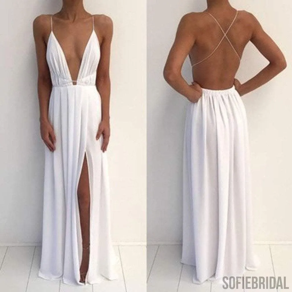 Sexy Deep V-Neck Spaghetti White Chiffon Side Slit Long Prom Dresses, PD0565