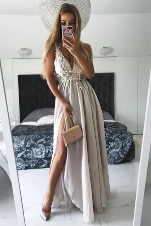 Sexy Grey Split V Neck A Line Chiffon Appliques Prom Dress OK686