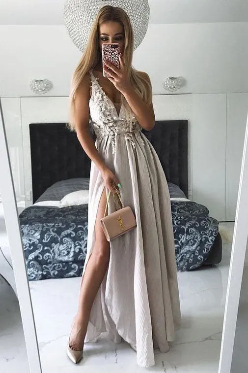 Sexy Grey Split V Neck A Line Chiffon Appliques Prom Dress OK686