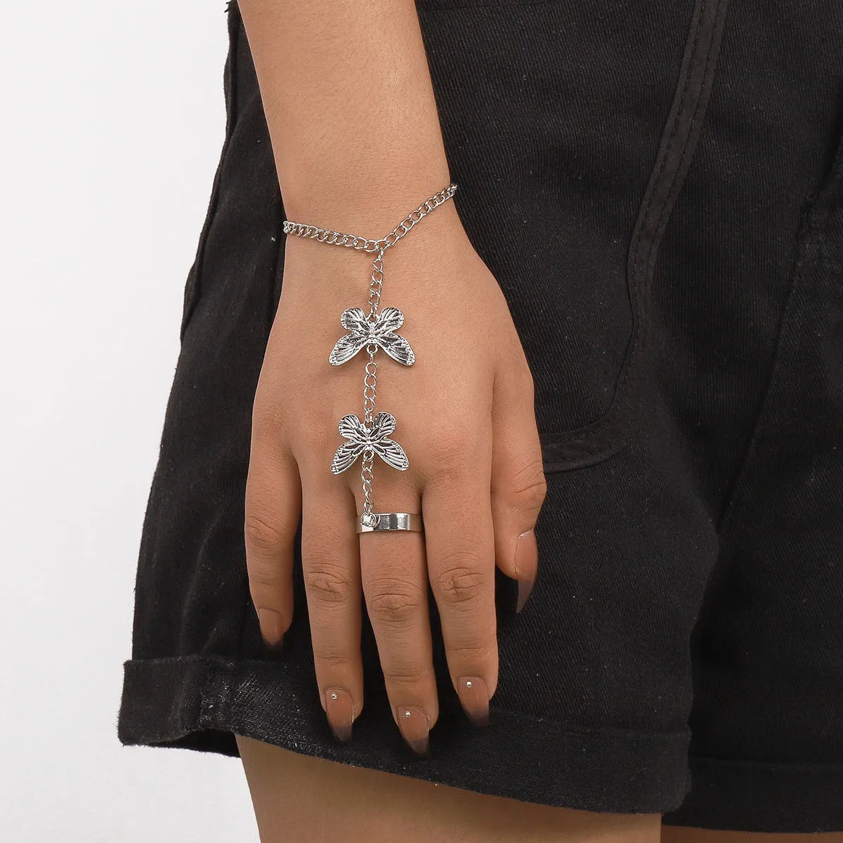 Silver-Plated Butterfly Wrist-To-Ring Bracelet