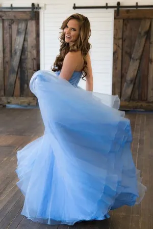 Sky Blue Tulle Long Sweetheart A line Lace Top Prom Dress OK970