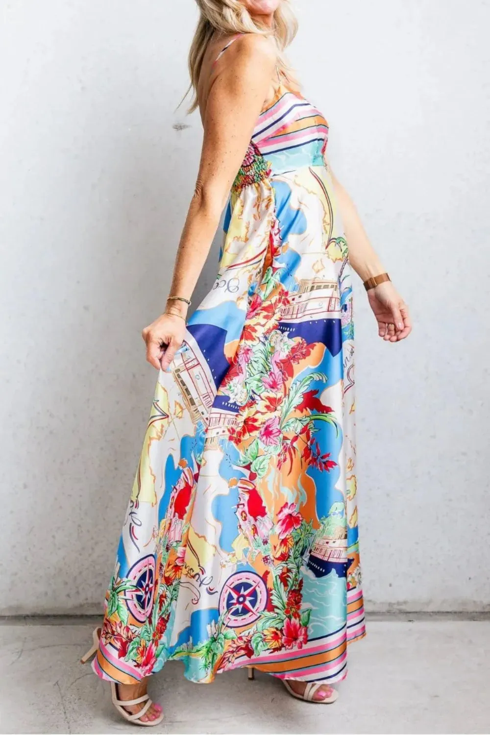 Smocked Back Printed Square Neck Maxi Cami Dress with Pockets