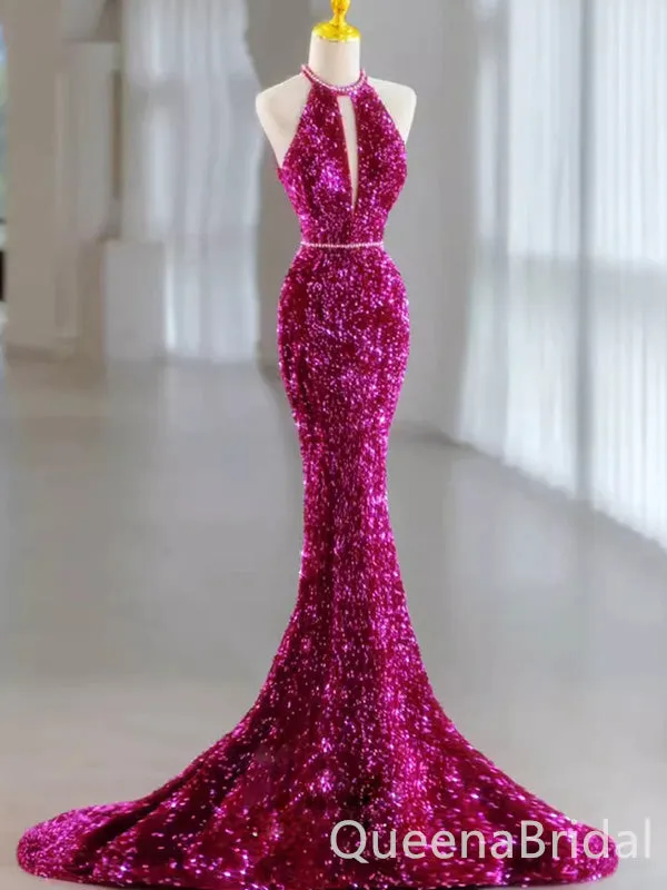 Sparkly Mermaid Sequins Bright Pink Floor Length Evening Prom Dresses ,WGP404