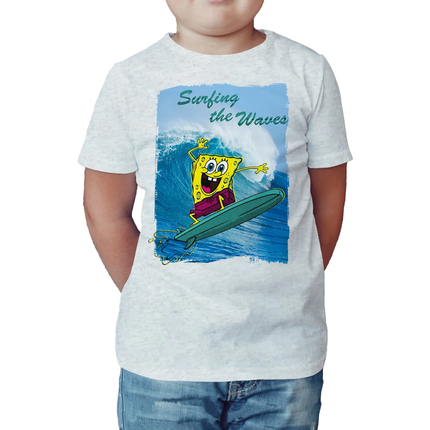 SpongeBob SquarePants Surfing Official Kid's T-Shirt (Heather Grey)