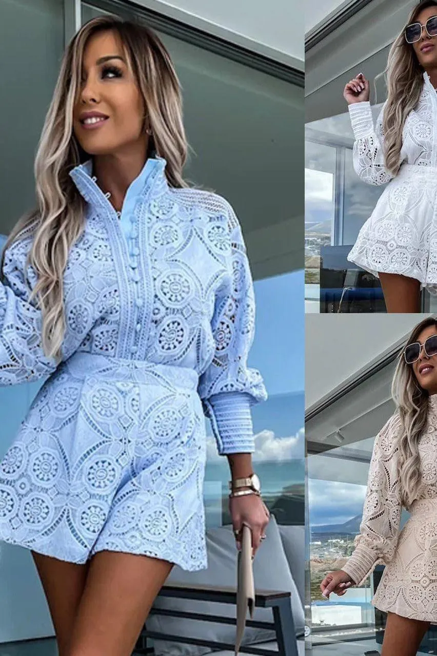 Stand-up Collar Lace Shorts Suit