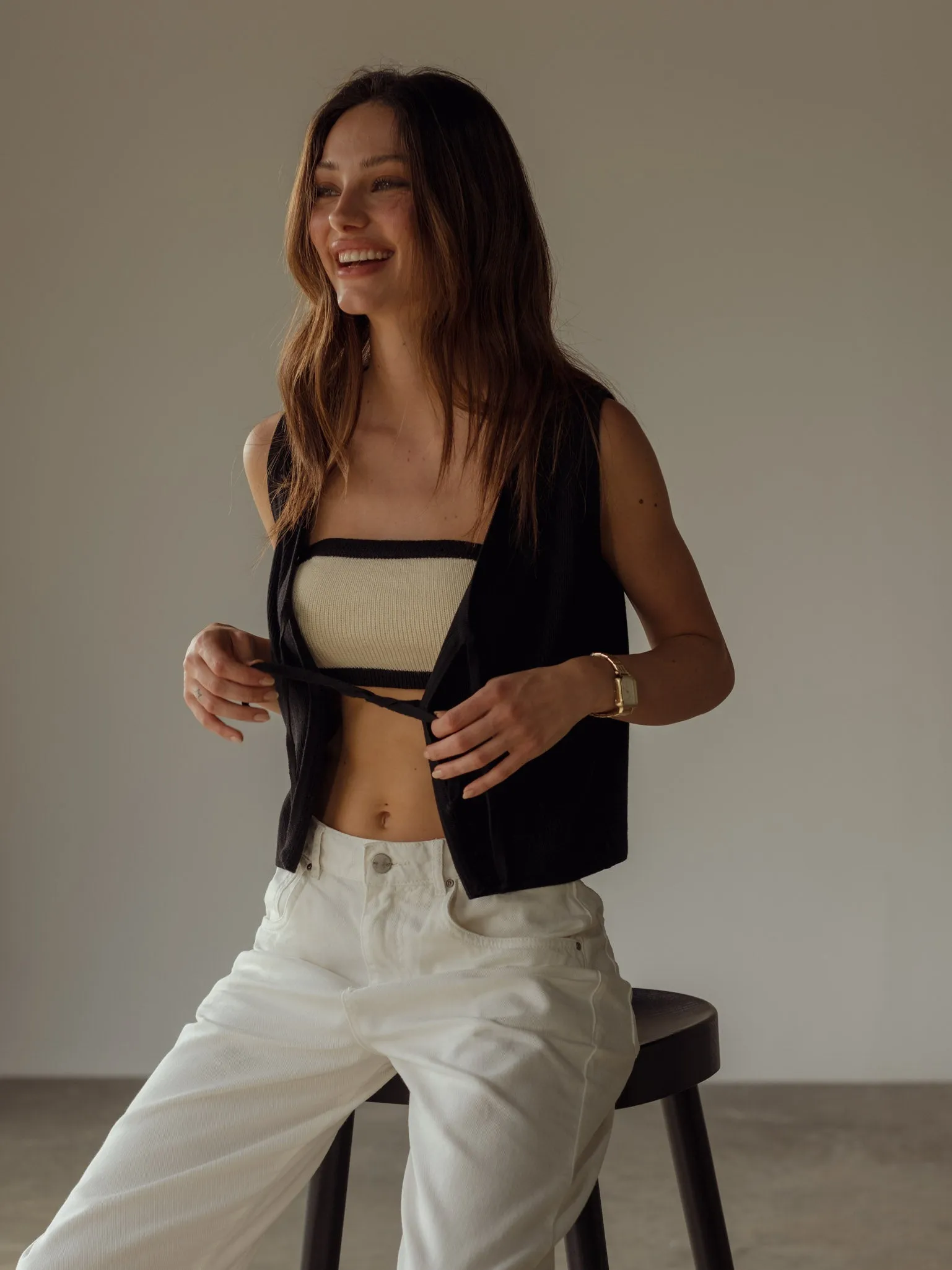STRAPLESS TIE KNIT TOP - CREAMY & BLACK