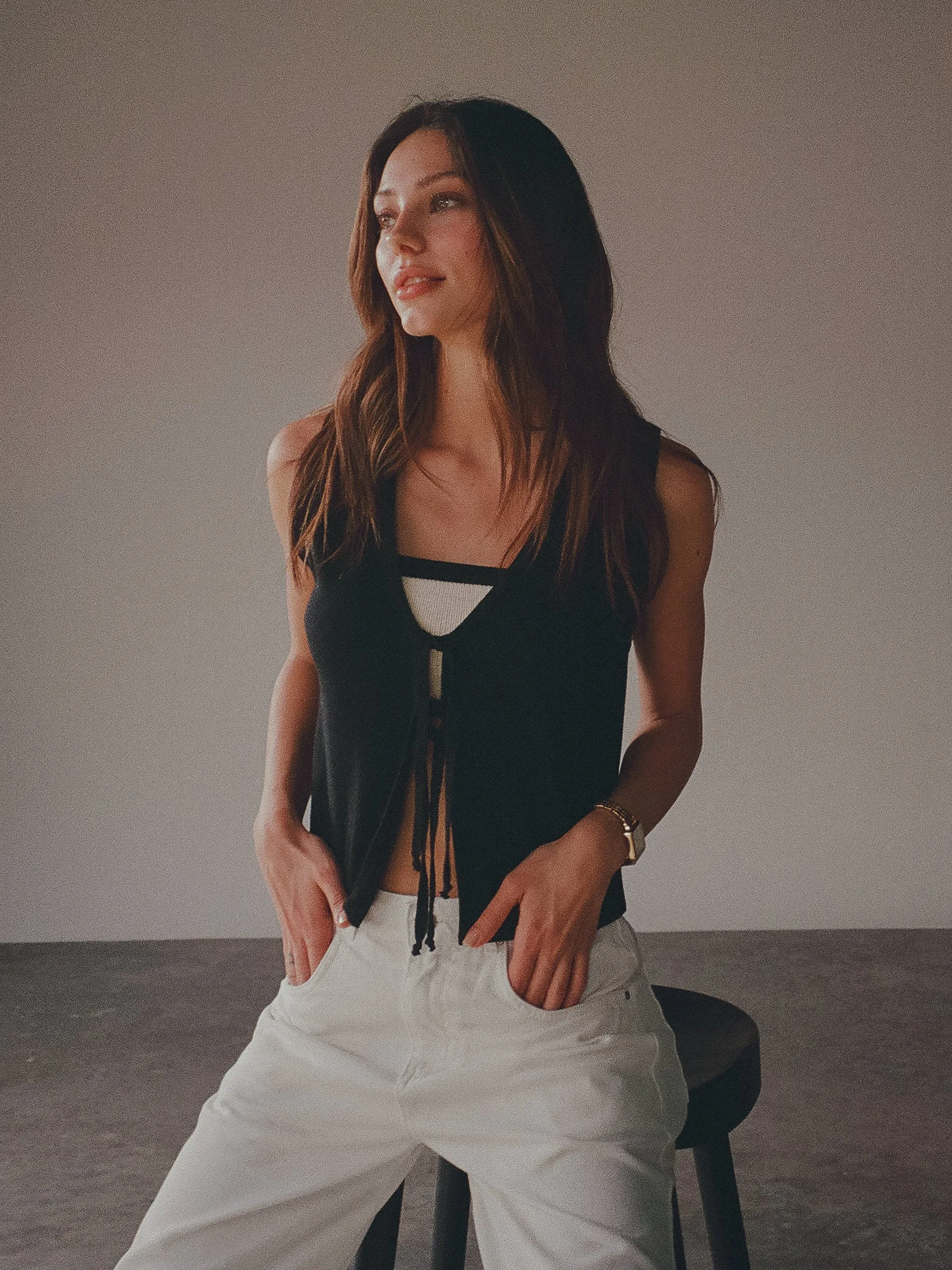 STRAPLESS TIE KNIT TOP - CREAMY & BLACK
