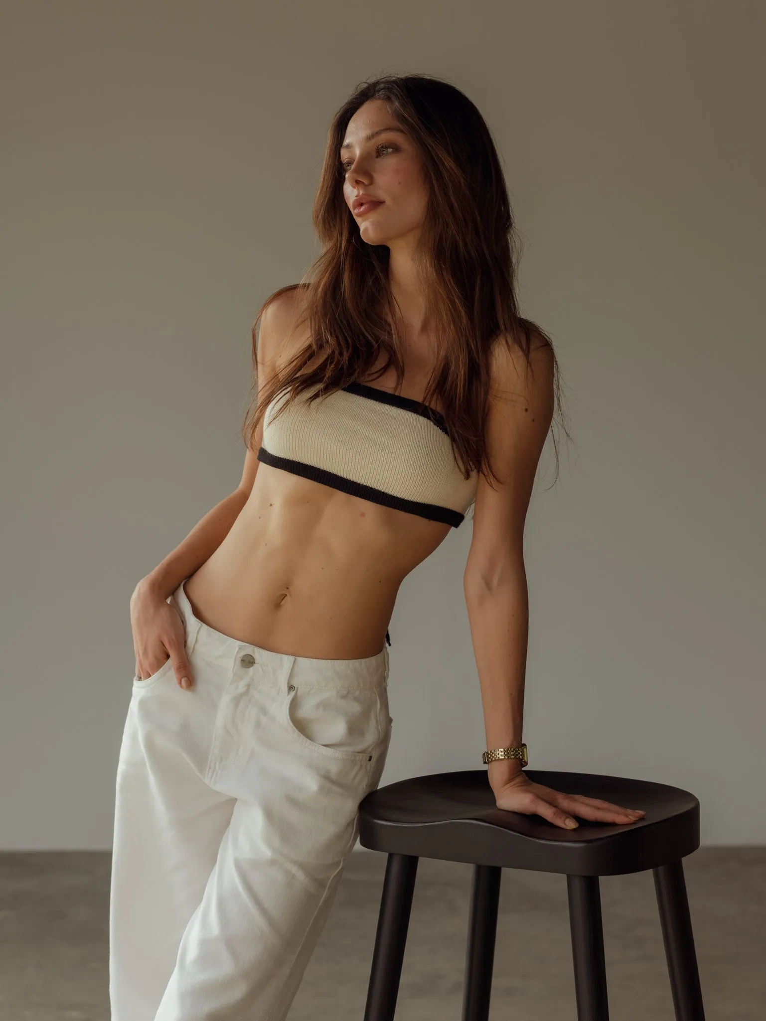 STRAPLESS TIE KNIT TOP - CREAMY & BLACK