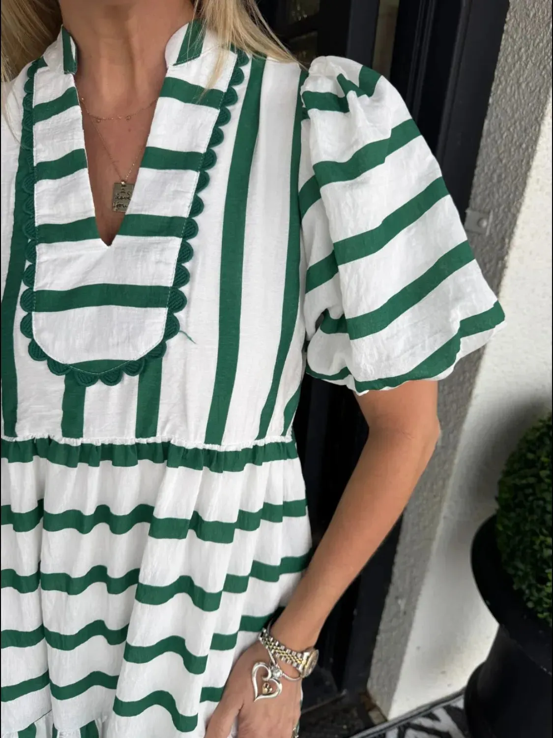 Striped Notched Puff Sleeve Midi Dress