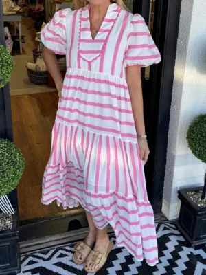 Striped Notched Puff Sleeve Midi Dress