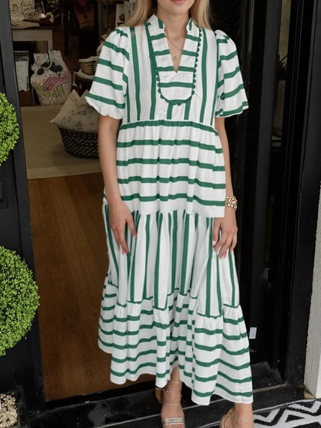 Striped Notched Puff Sleeve Midi Dress