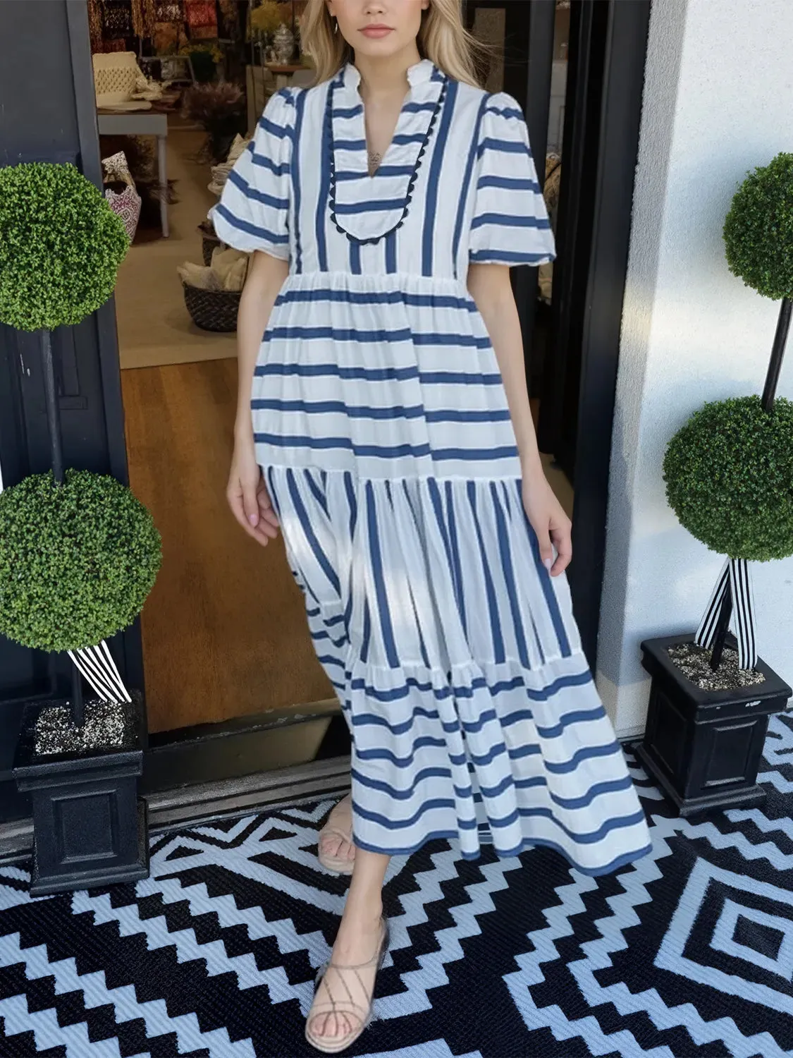 Striped Notched Puff Sleeve Midi Dress