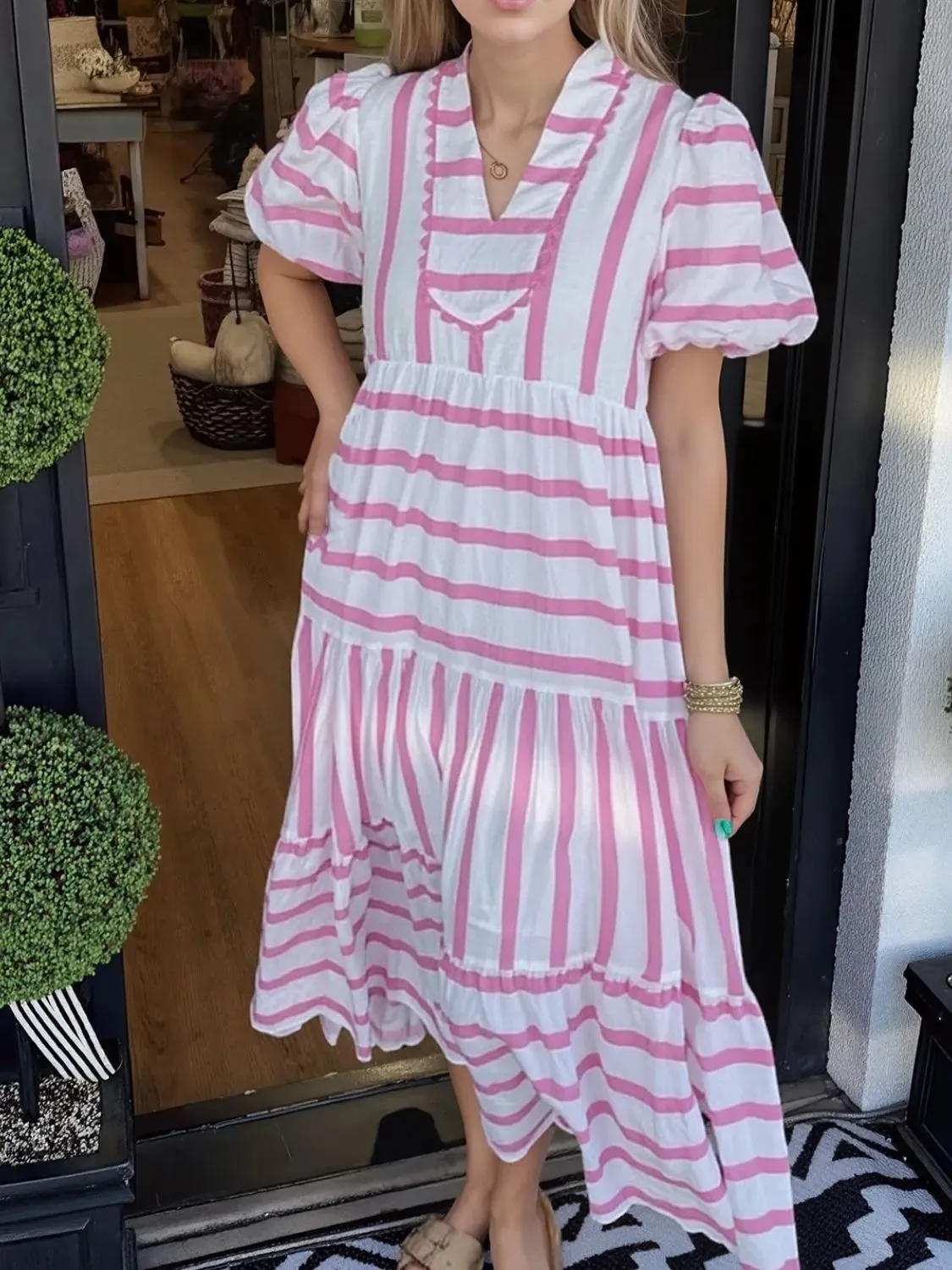 Striped Notched Puff Sleeve Midi Dress