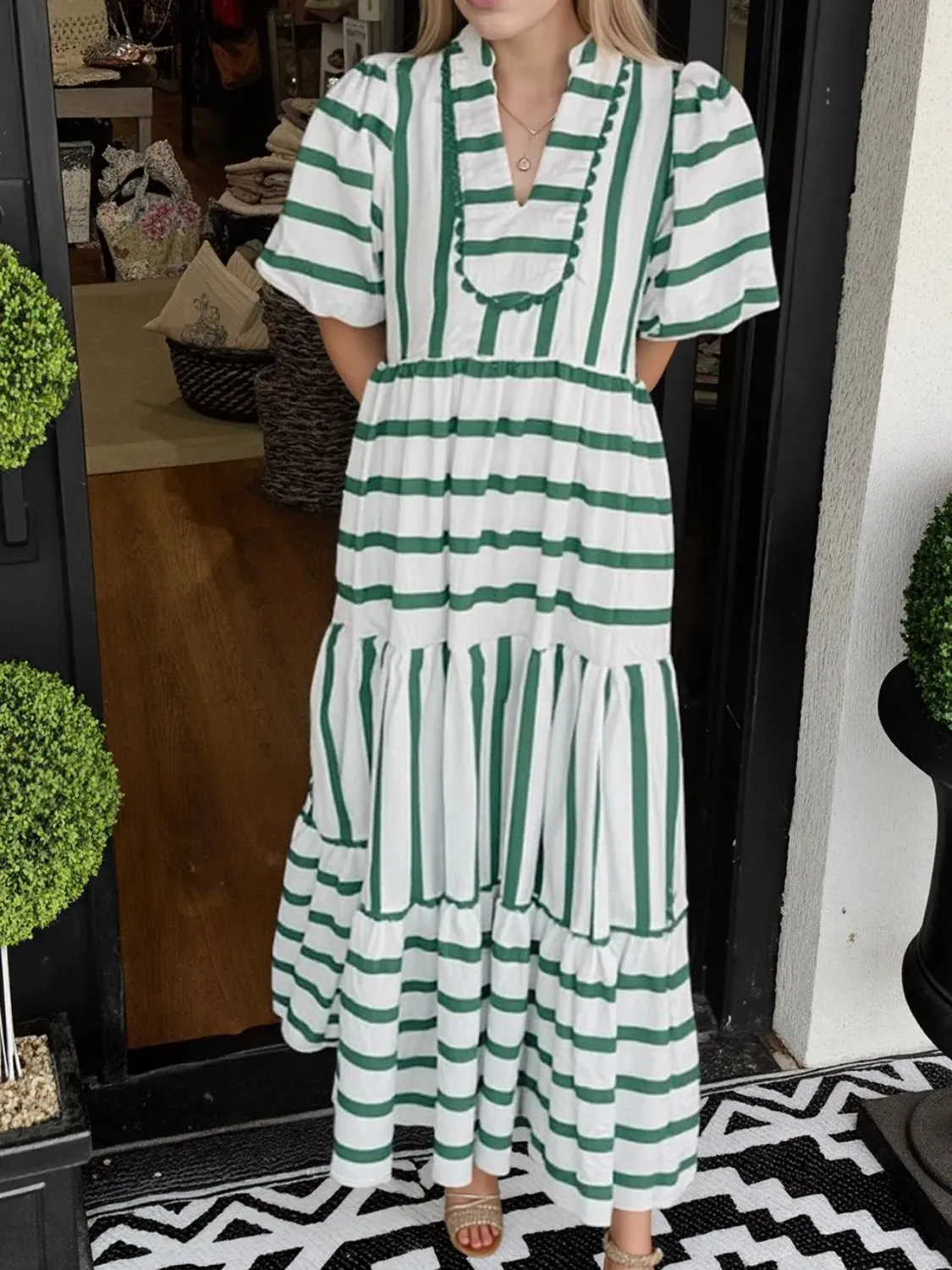 Striped Notched Puff Sleeve Midi Dress