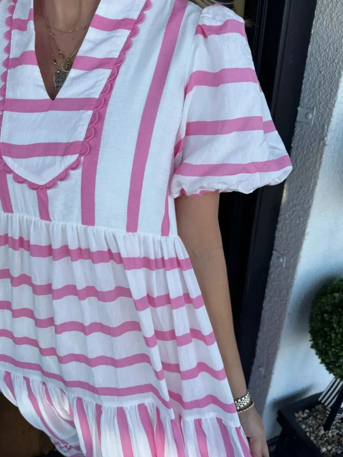 Striped Notched Puff Sleeve Midi Dress