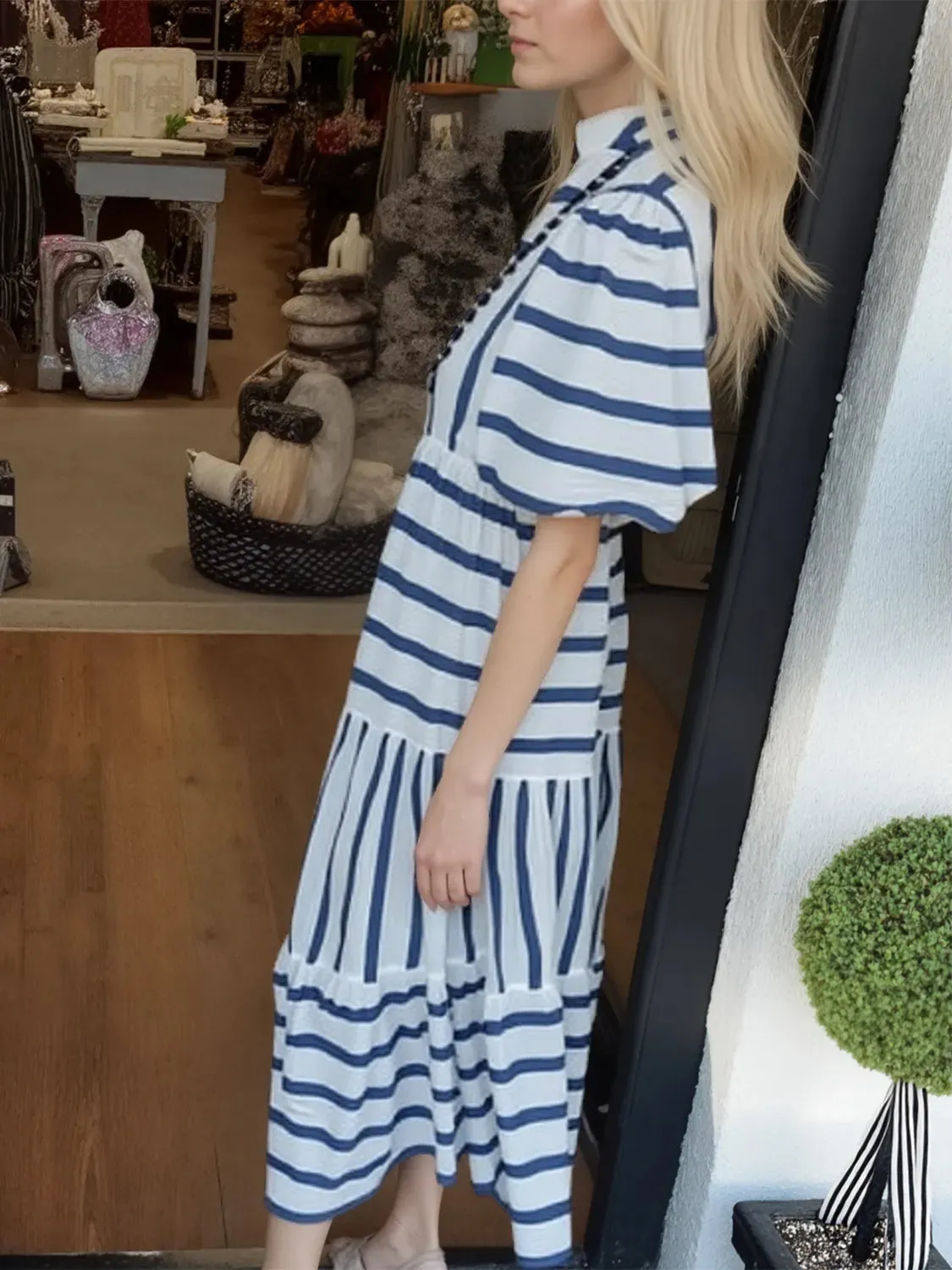 Striped Notched Puff Sleeve Midi Dress