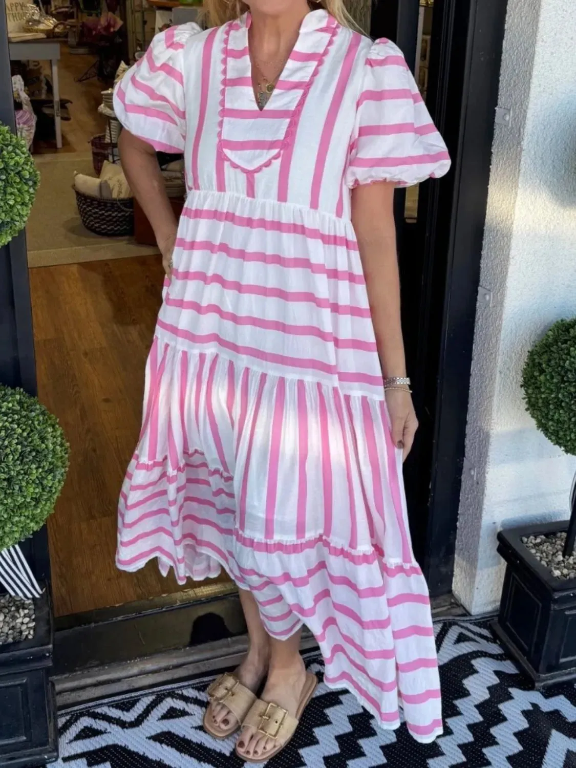 Striped Notched Puff Sleeve Midi Dress