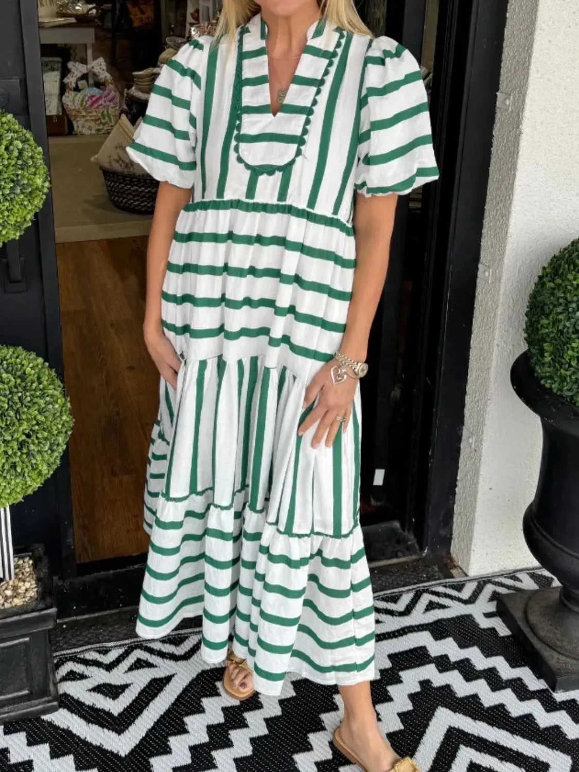 Striped Notched Puff Sleeve Midi Dress