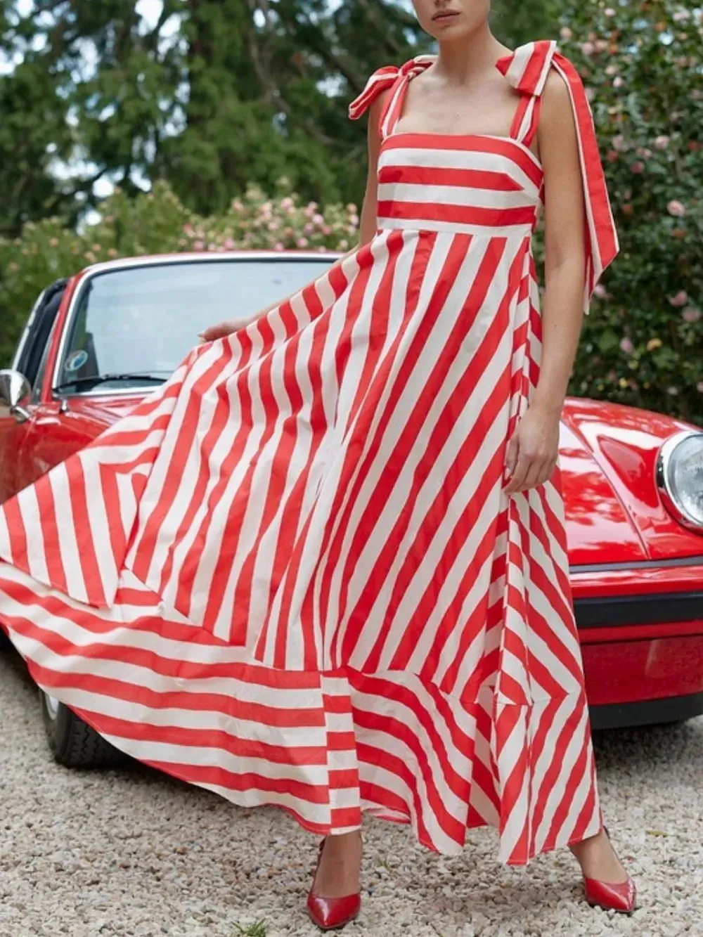 Striped Square Neck Wide Strap Dress