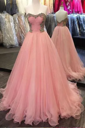 Sweetheart Strapless A Line Tulle Pink Prom Dress With Beading OK856