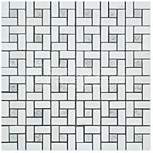 Thassos White Greek Marble Pinwheel Mosaic Tile with Ming Green, Polished
