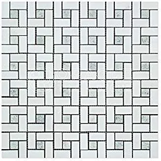 Thassos White Greek Marble Pinwheel Mosaic Tile with Ming Green, Polished