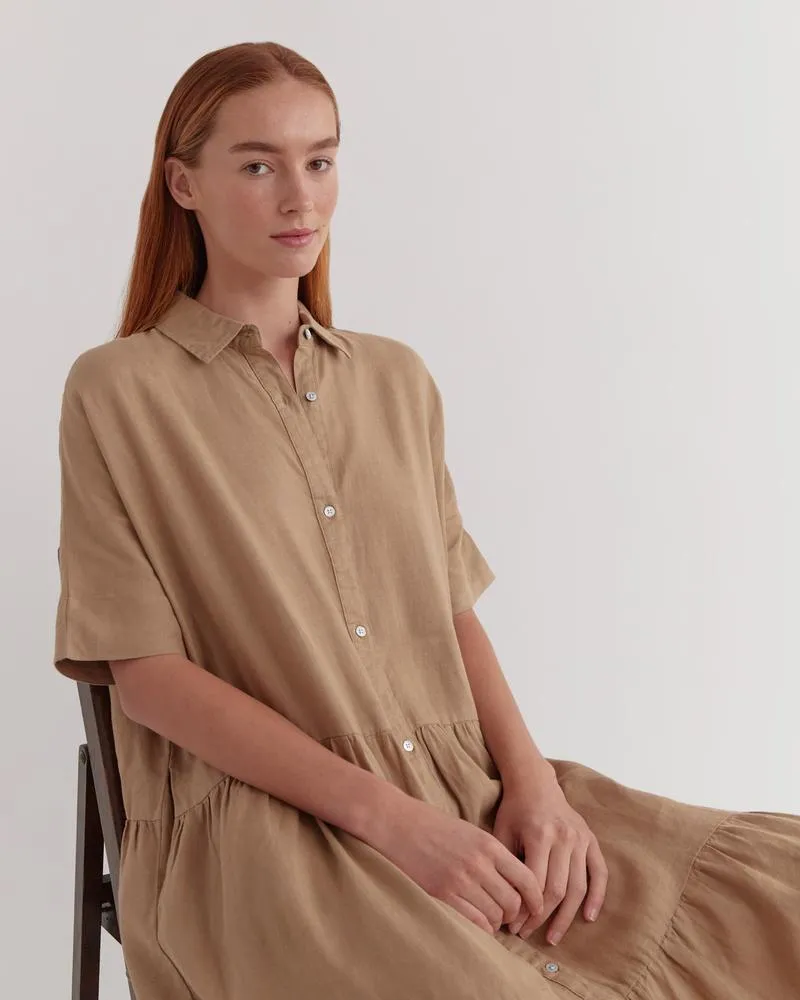 Tiered Linen Shirt Dress Camel