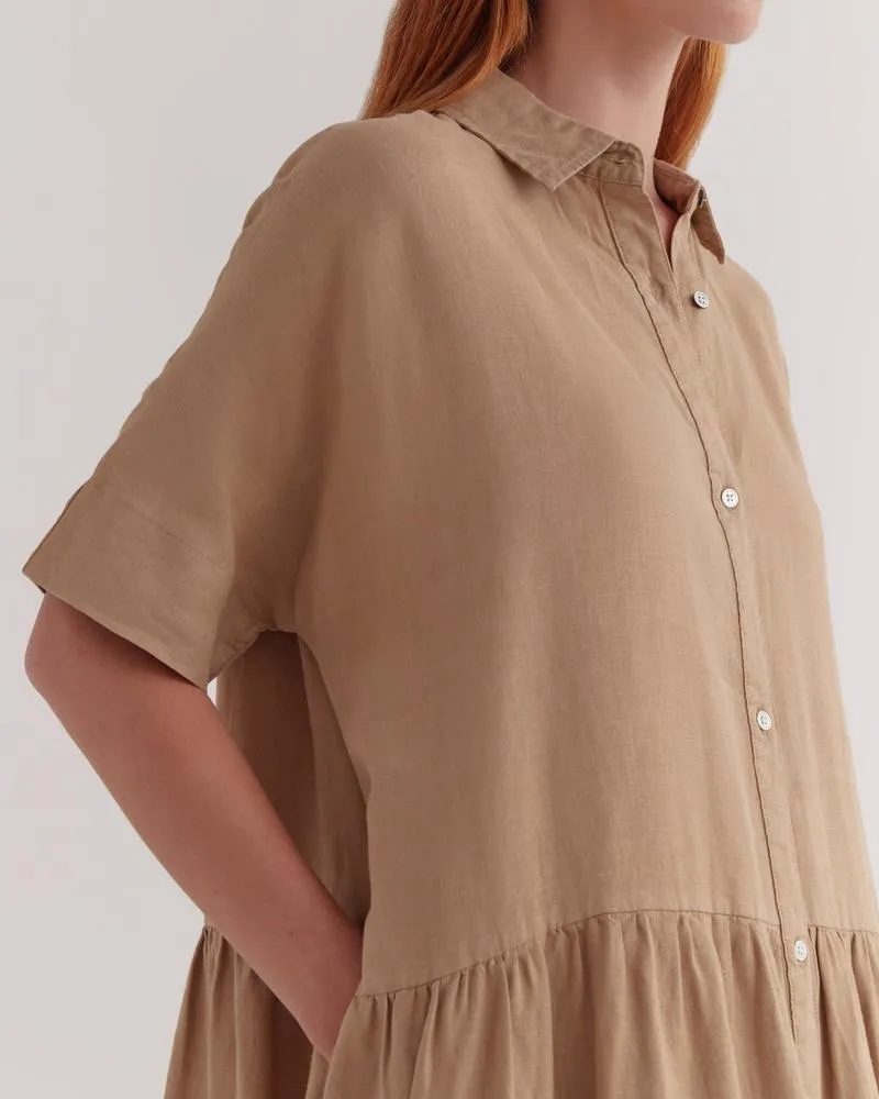 Tiered Linen Shirt Dress Camel