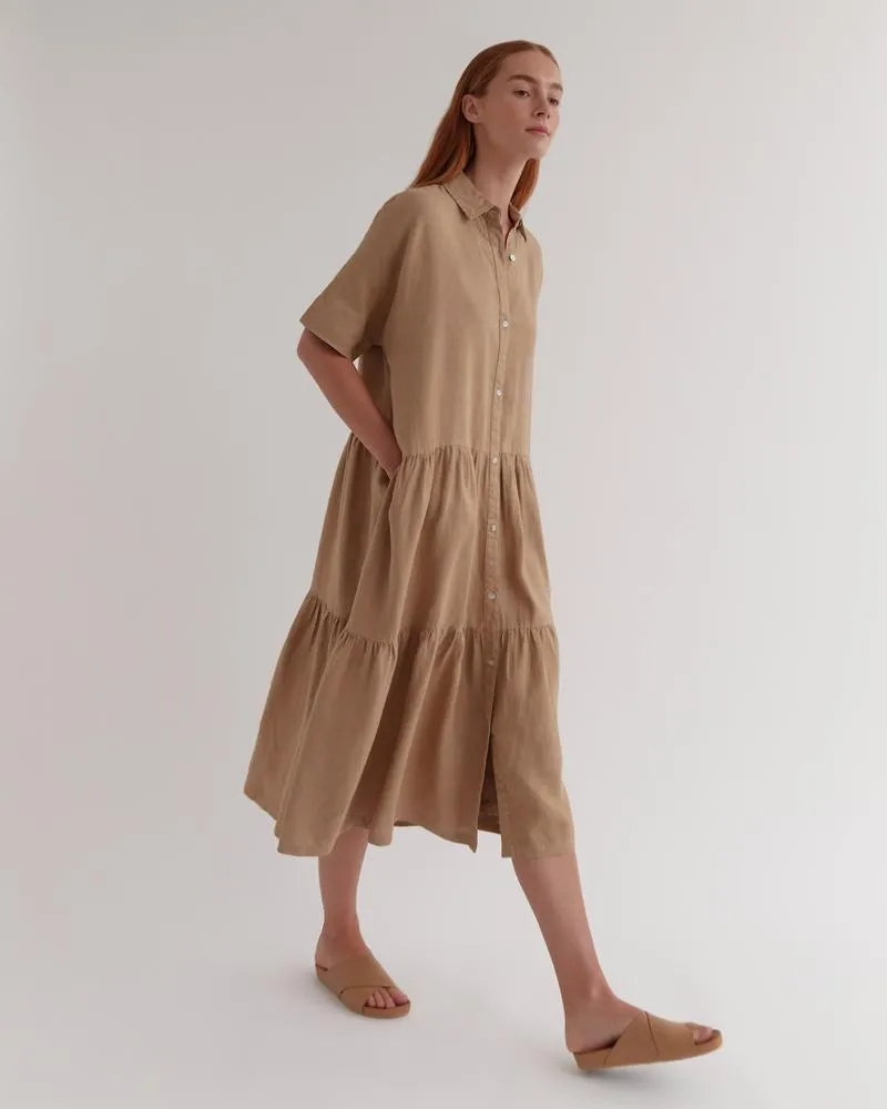 Tiered Linen Shirt Dress Camel