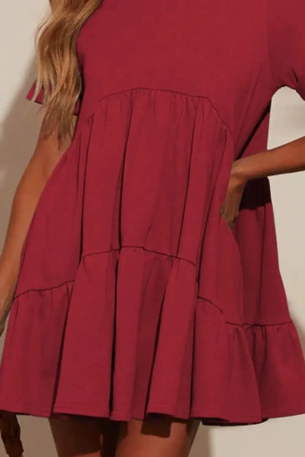 Tiered Round Neck Short Sleeve Mini Dress