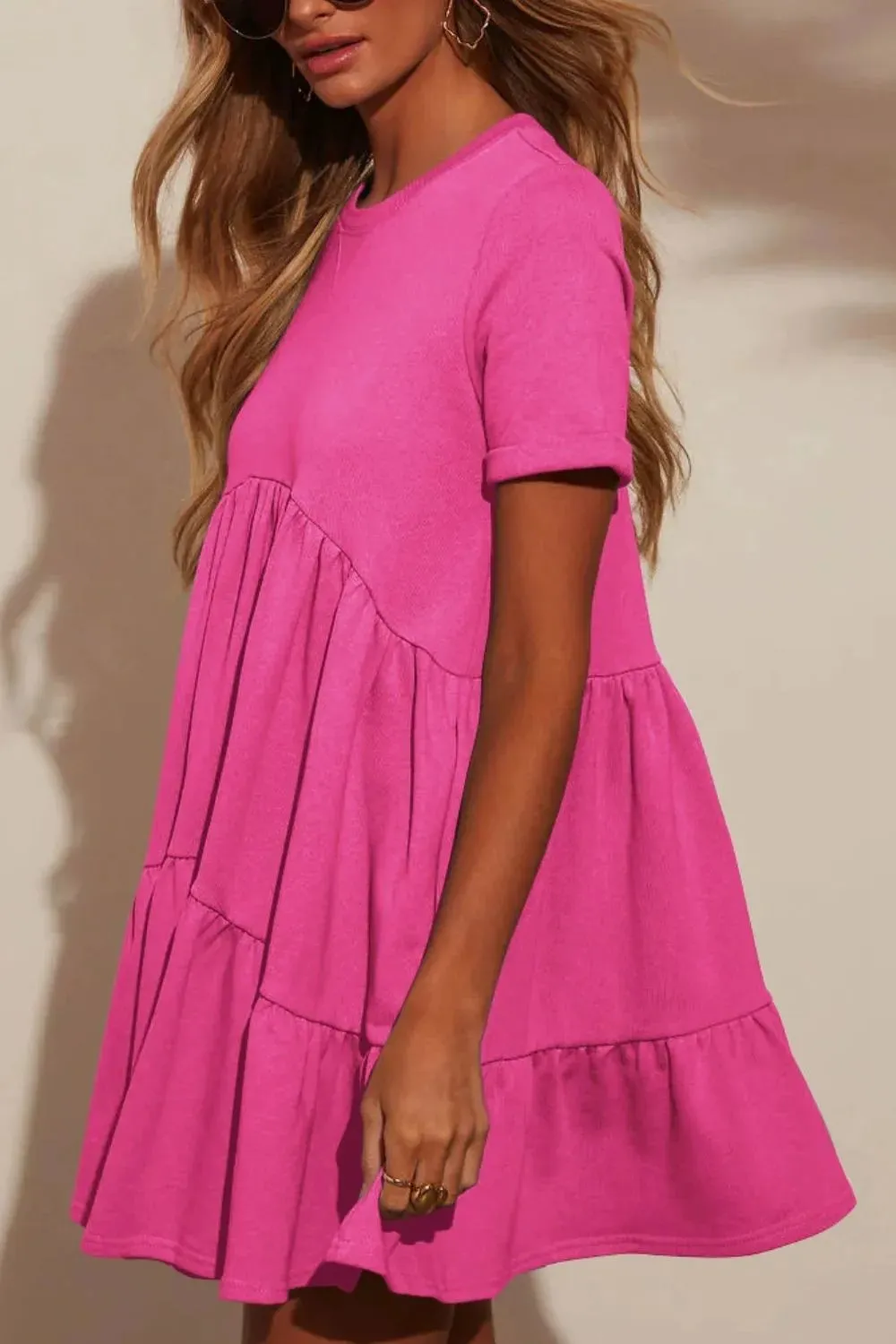 Tiered Round Neck Short Sleeve Mini Dress