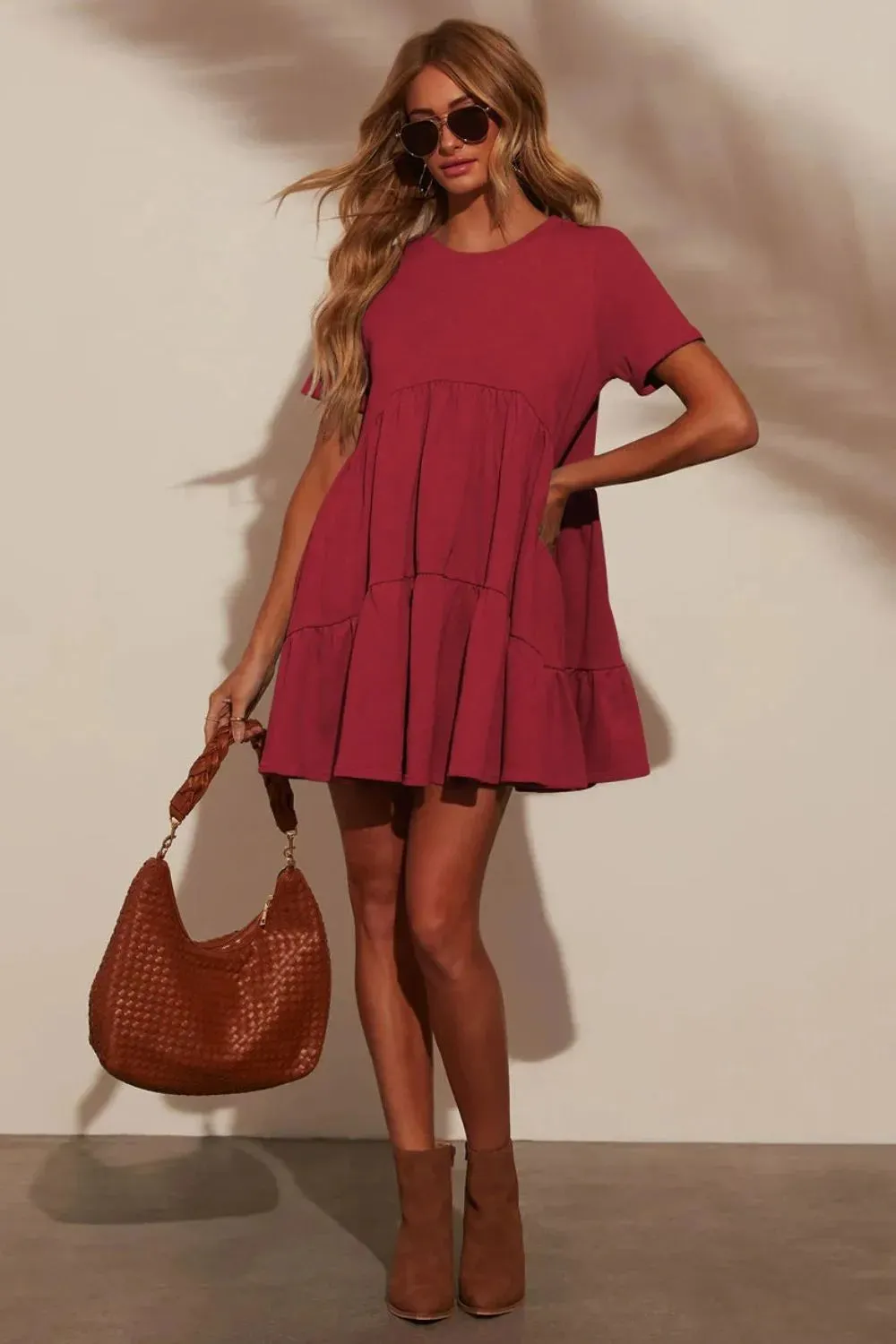 Tiered Round Neck Short Sleeve Mini Dress