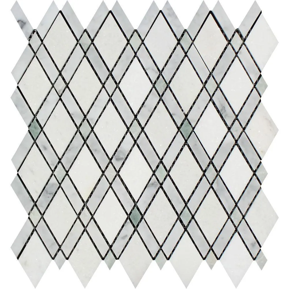 Tilefornia Italian Carrara White Marble & Greek Thassos White Marble Lattice Diamonds w/ Blue/Gray Marble Strips Polished/Honed