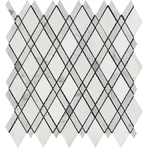 Tilefornia Italian Carrara White Marble & Greek Thassos White Marble Lattice Diamonds w/ Blue/Gray Marble Strips Polished/Honed