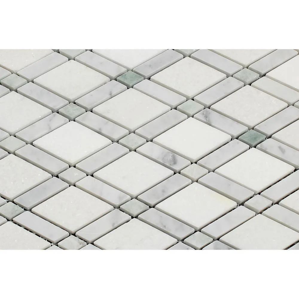 Tilefornia Italian Carrara White Marble & Greek Thassos White Marble Lattice Diamonds w/ Blue/Gray Marble Strips Polished/Honed