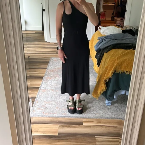 TOPSHOP NWT‎ Asymmetrical One Shoulder Ribbed Black Maxi Size US 0-2