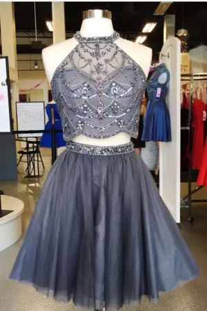 Two Piece Short Grey Homecoming Dresses With Beading Sexy Prom Party Dress OK515
