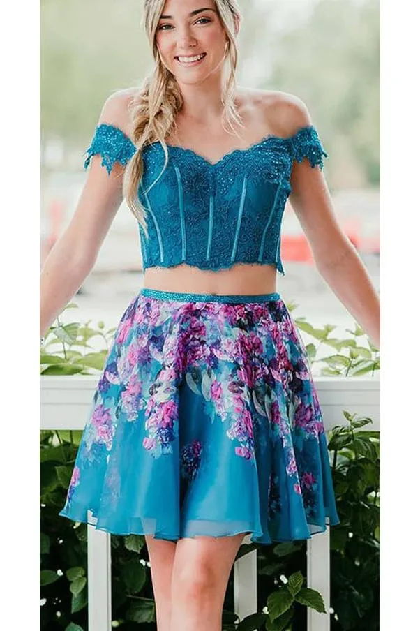 Two Pieces Turquoise Off Shoulder Beading Floral Homecoming Dress OKM33